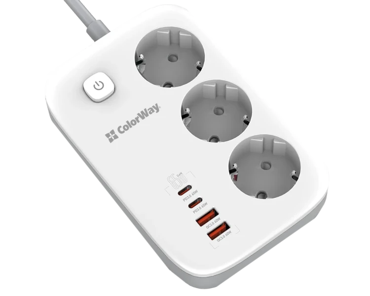 СolorWay CW-CHE34PDW 3 розетки/4USB GaN3 Pro PD Мережевий фільтр