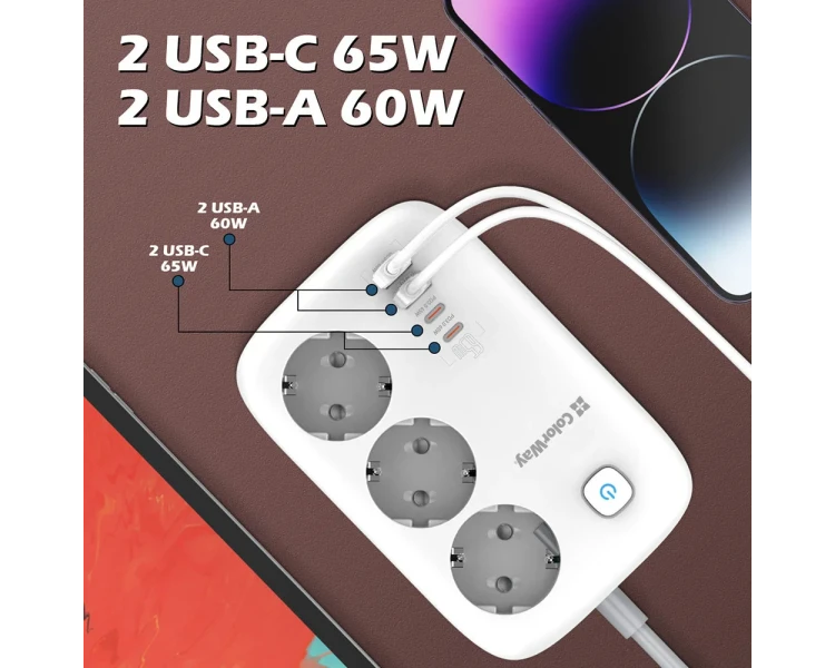 СolorWay CW-CHE34PDW 3 розетки/4USB GaN3 Pro PD Мережевий фільтр