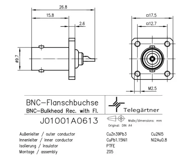 Разъем BNC female фланец Telegartner J01001A0613