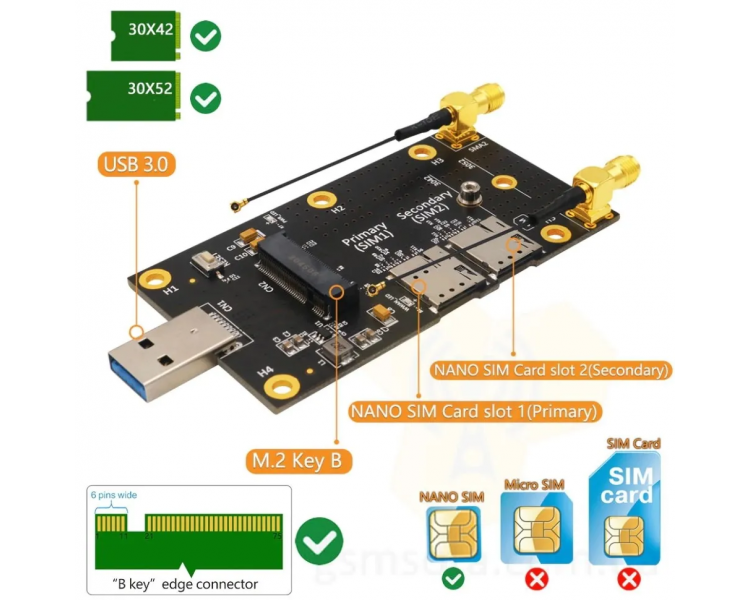 Адаптер NGFF M.2 до USB 3.0 із двома слотами для SIM-карт M2USBSIM